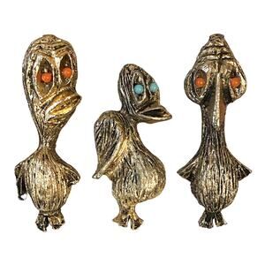 Vintage 1970s "Ugly Chic" Textured Gold Trio Duck Brooch